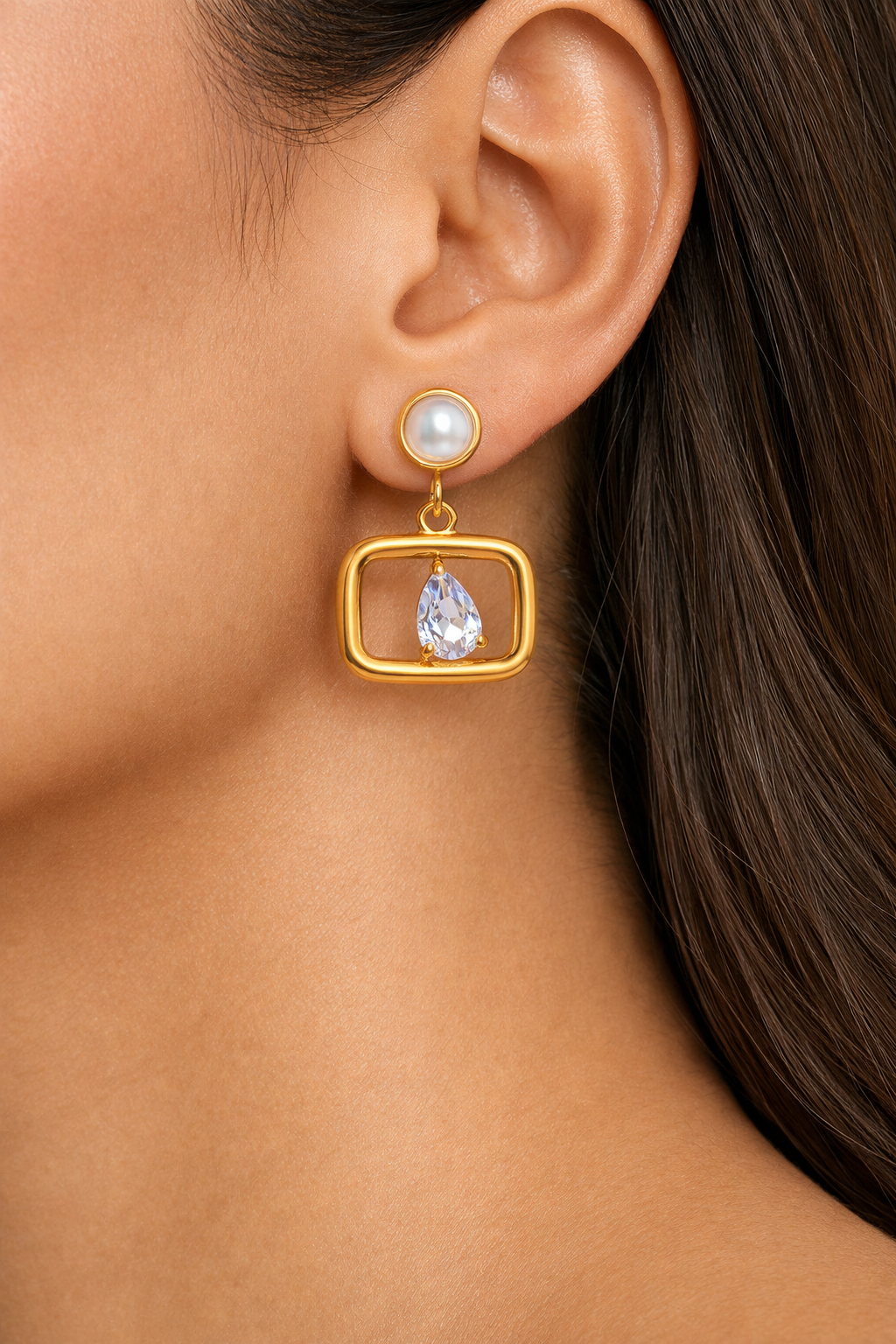 Aretes de Perla Superior con Rectángulo y Gota de Zirconia 🤍