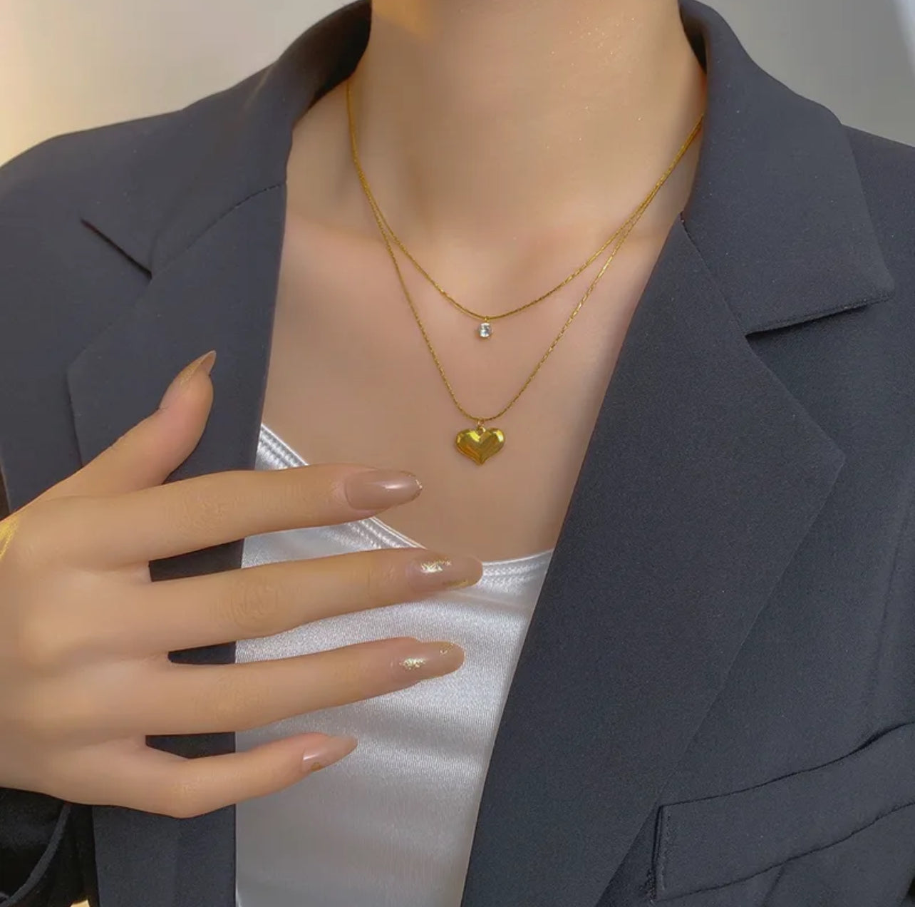 Cadena doble de corazón y brillito