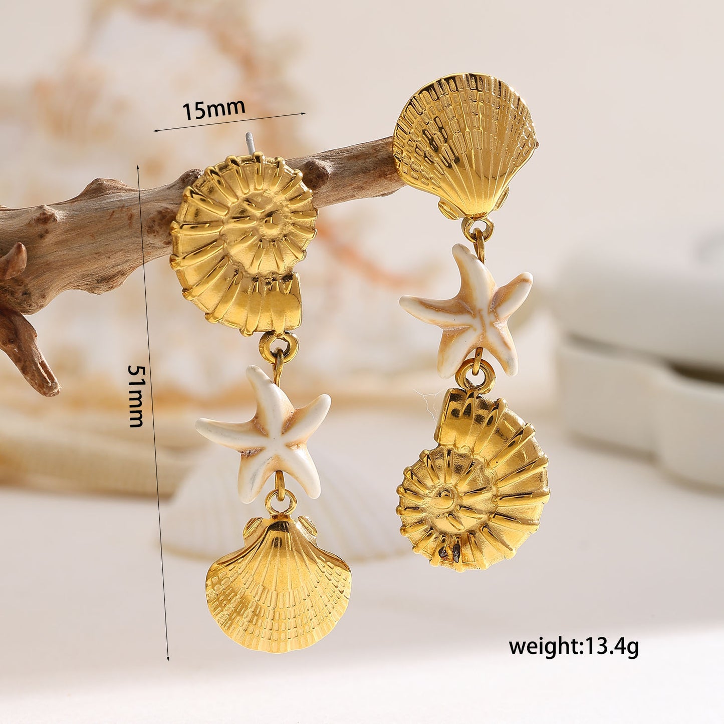 Aretes caracola, concha y estrella
