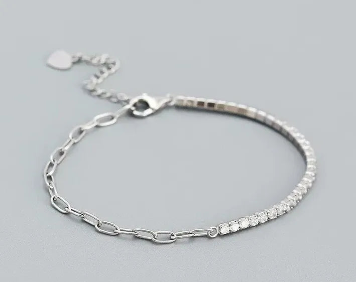 Pulsera de Plata Mitad Zirconias, Mitad Cadena 💎