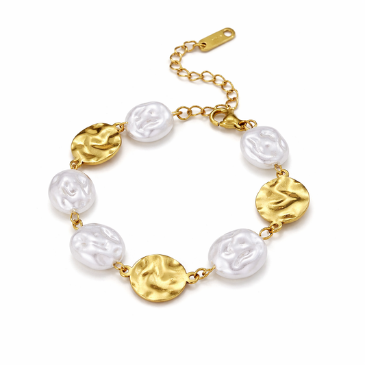 Pulsera de Chapas Doradas con Perla Imitación ✨