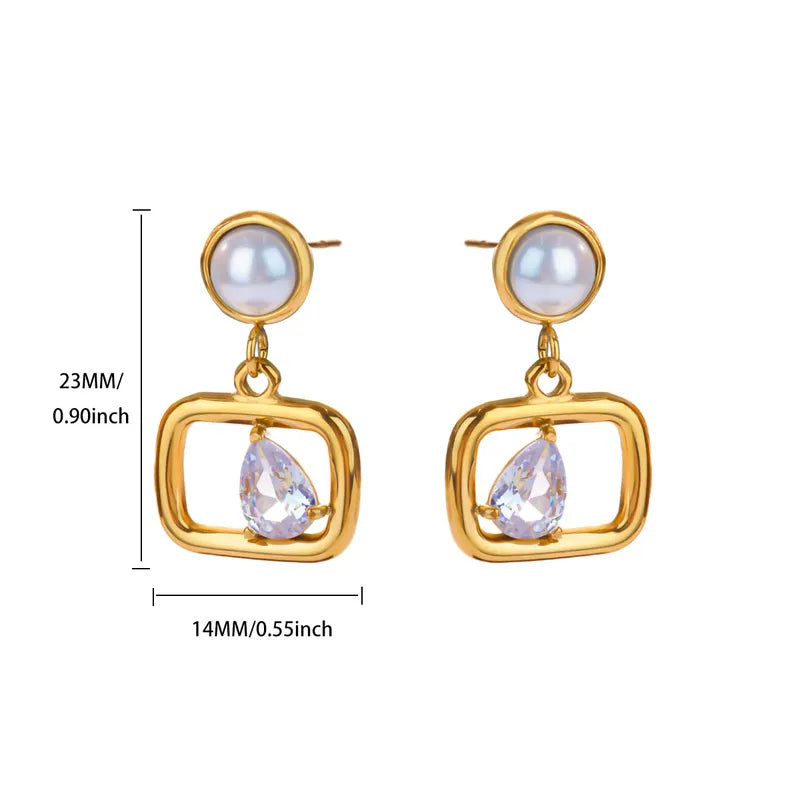 Aretes de Perla Superior con Rectángulo y Gota de Zirconia 🤍