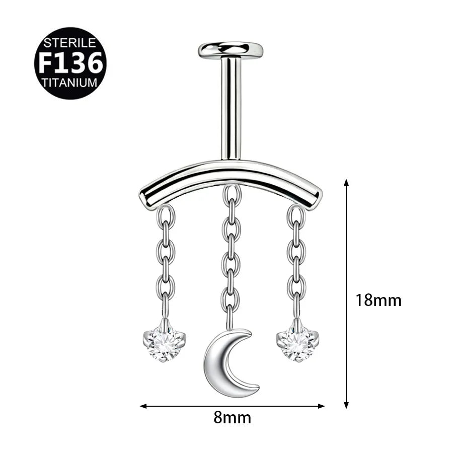 Piercing Titanio Flat Back Media Luna Plateada para Helix Vertical 🌙