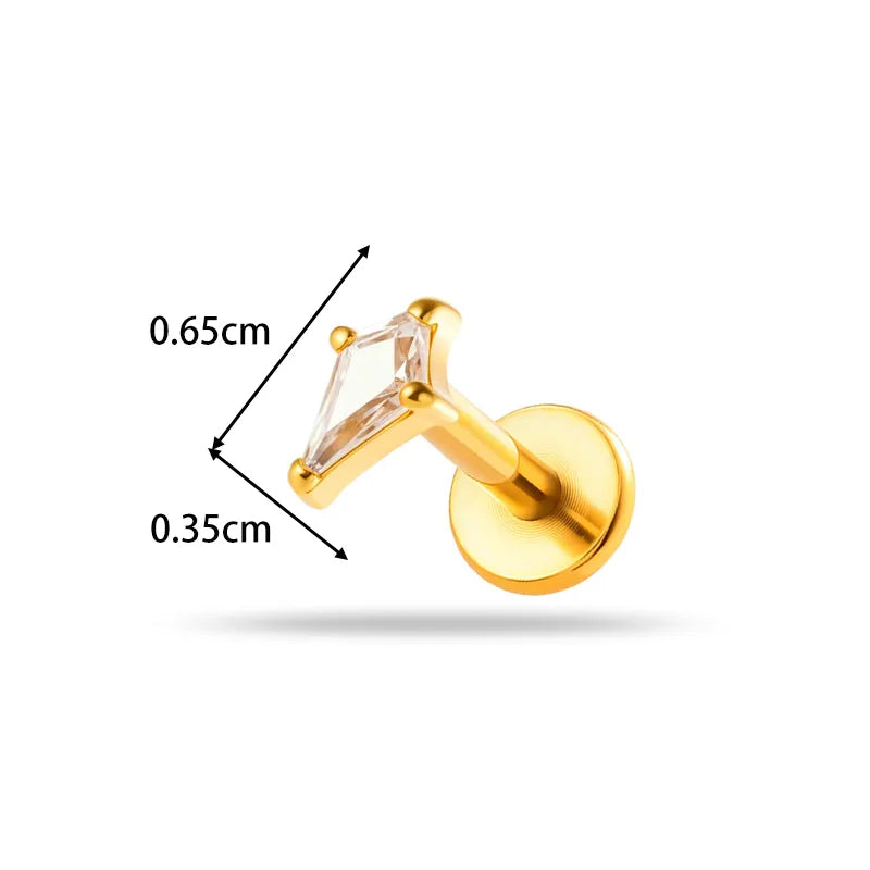 Piercing Titanio Flat Back Piedra en Forma de Rombo Alargado Dorado 💎