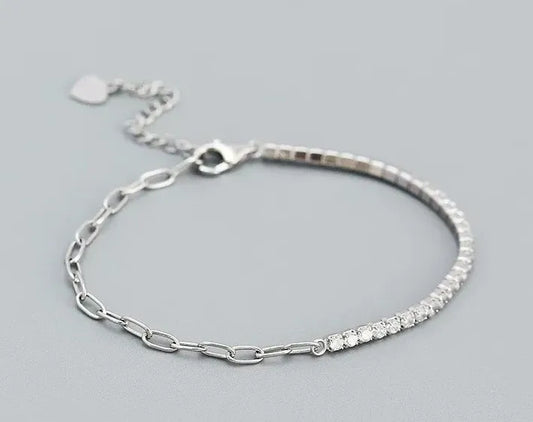 Pulsera de Plata Mitad Zirconias, Mitad Cadena 💎