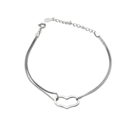 Pulsera de Plata Corazón Alargado en Doble Cadena 🤍