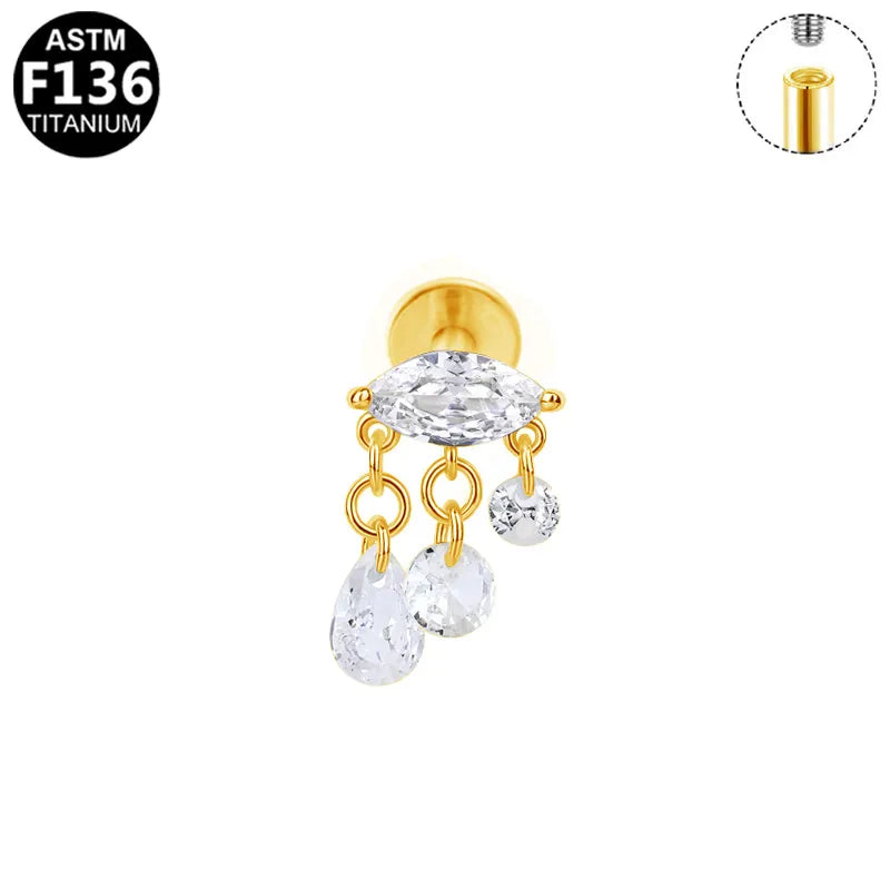 Piercing Titanio Flat Back 3 Cristales Colgantes ✨